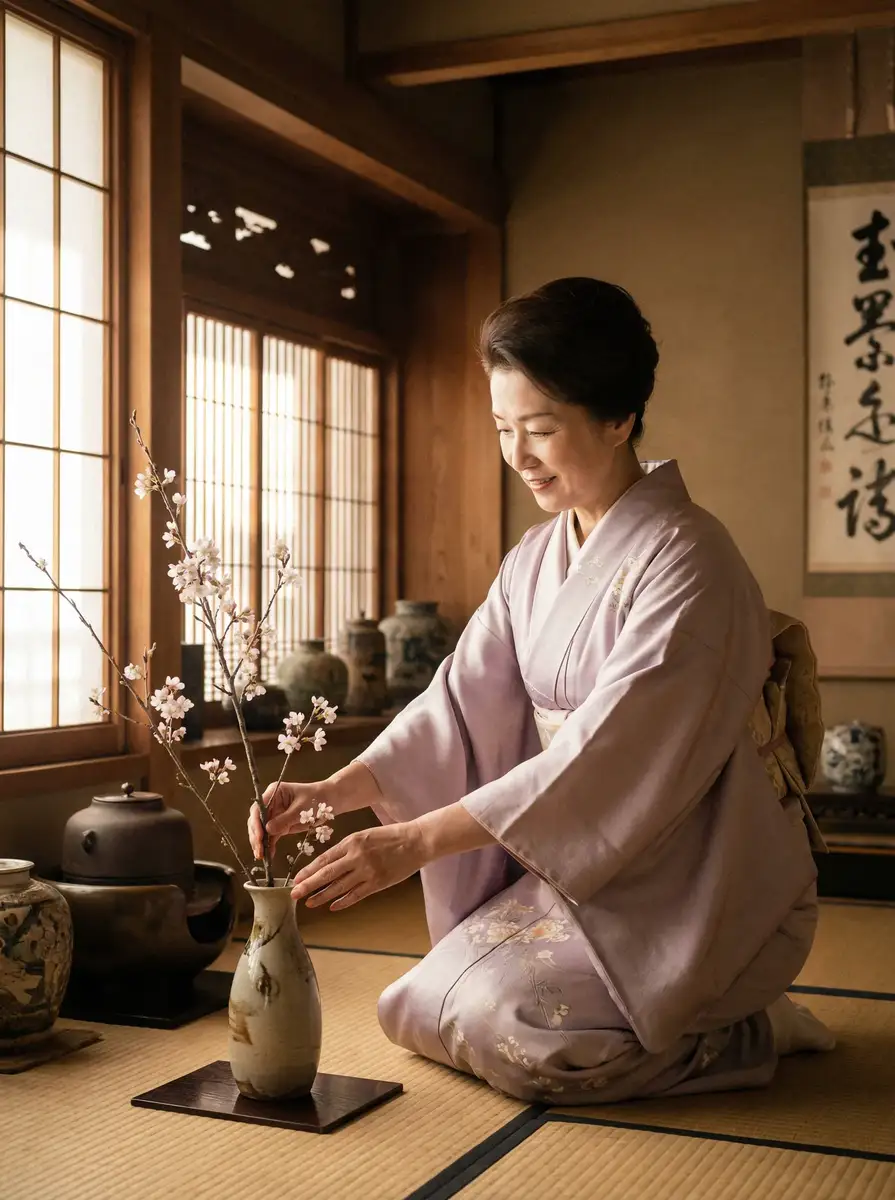 一位优雅的 桃沢樱 在和室中插花